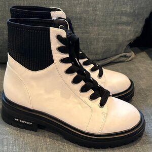 Kenneth Cole Patent Leather White w/ Black Combat Boots, Water Proof 8.5 NEW